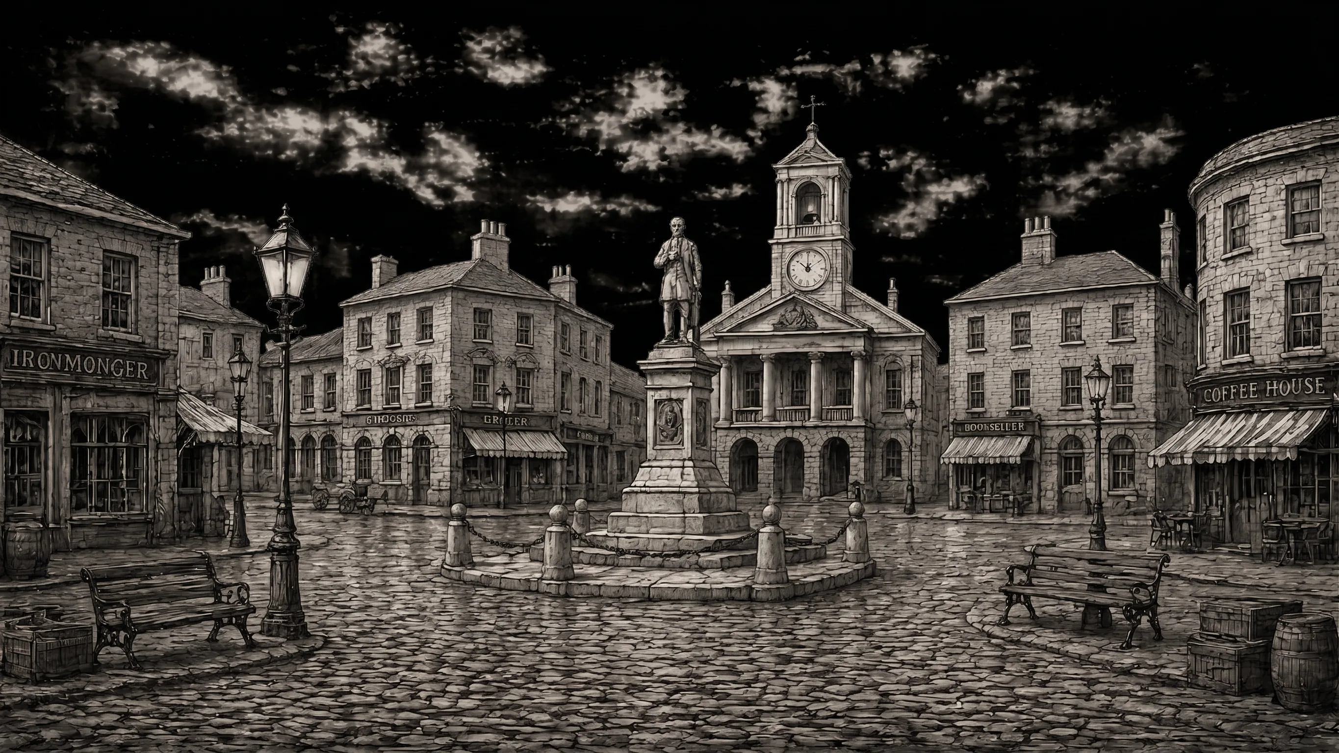 A weathered market square at night — the town where service-economy work gets booked